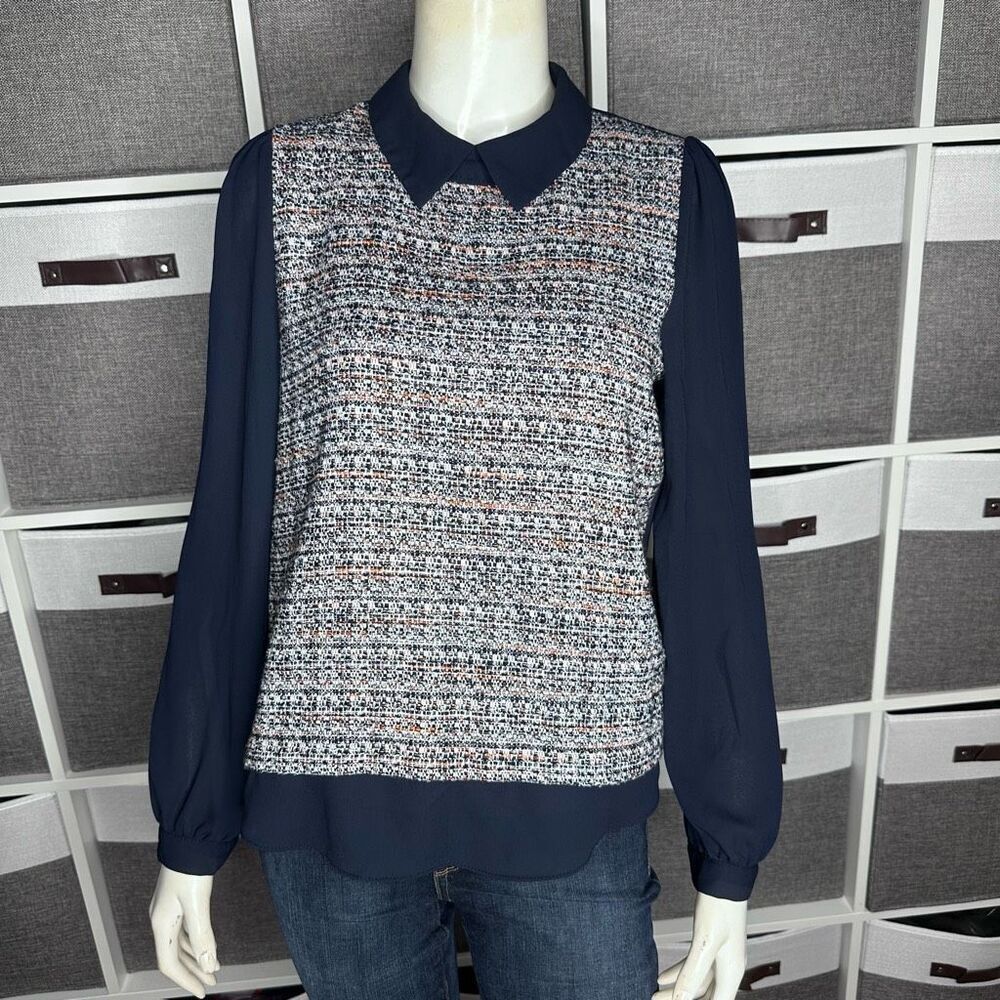 Circle Dual Fabric Collard Long Sleeve Blouse